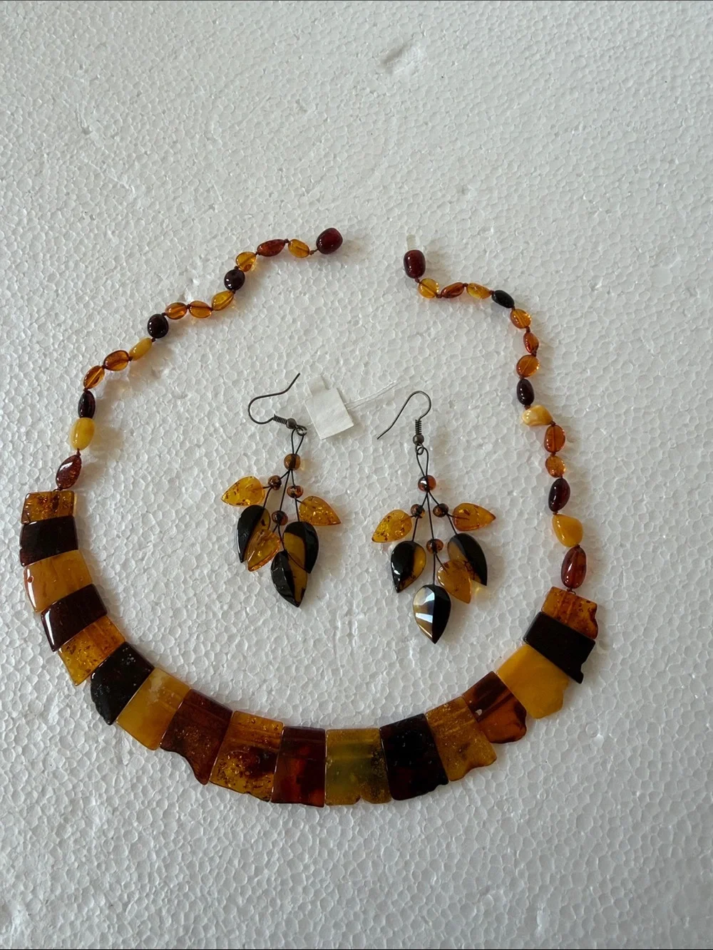 Amber Multi-Tone Leaf Necklace & Earrings Set from Latvia
